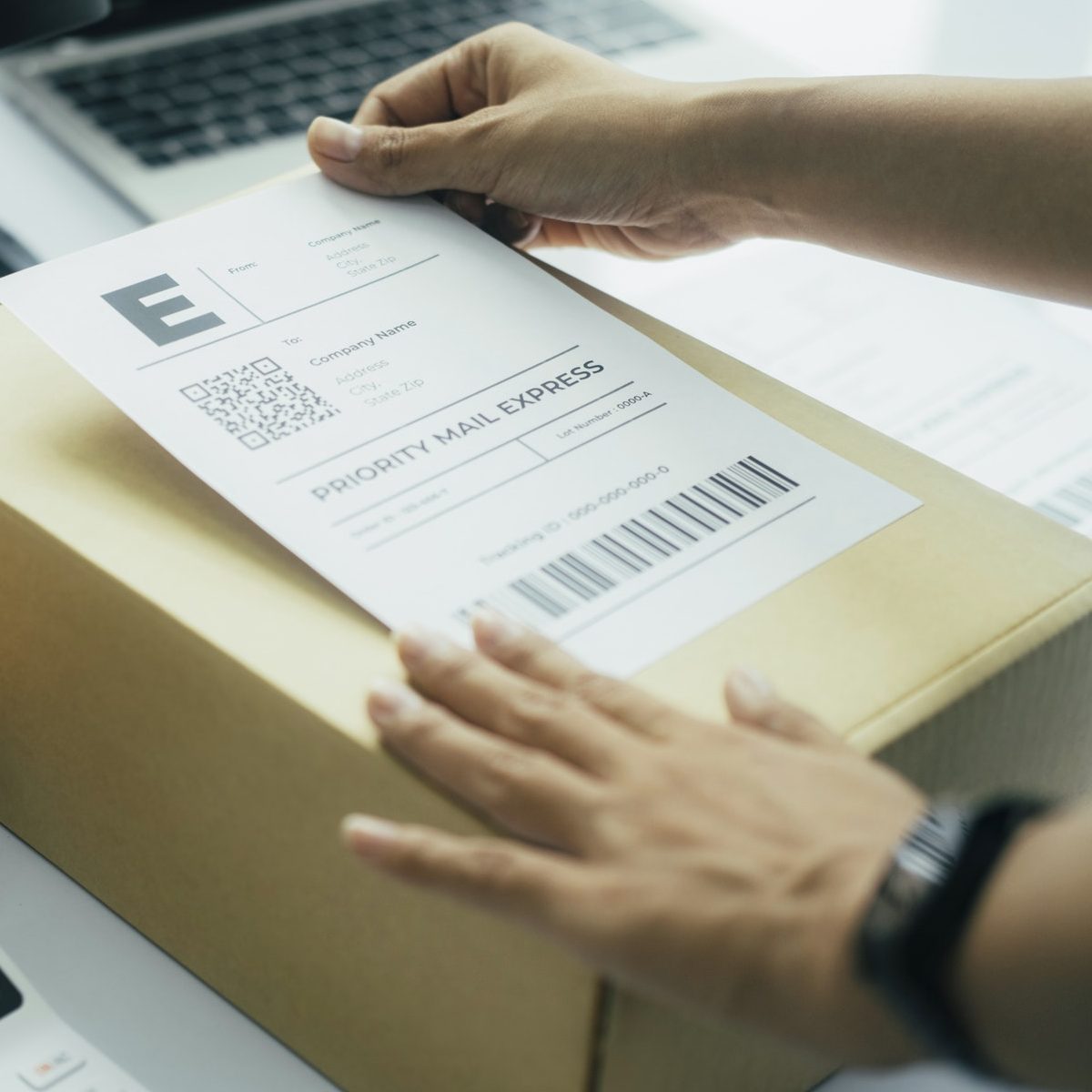 Young business owner putting shipping label on parcel.